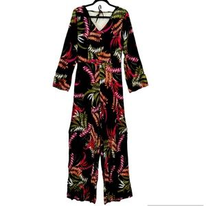 Tropical Flowers Black Jumpsuit Size L NWOT